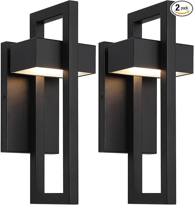 Krychiler 13.6 Inch Contemporary Outdoor Wall Lights with 3000K Integrated LED 2 Packs Matte Black Metal Modern Exterior Lighting Fixtures Outside Wall Mount for House Porch Patio Garage Front Door
