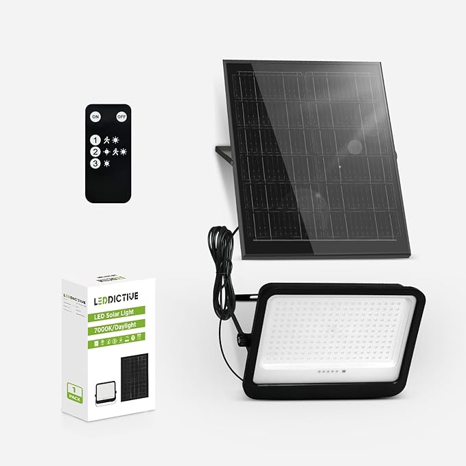 LED Solar Lights Outdoor 7000K 3500LM Solar Powered Flood Lights with 3 Modes Dusk to Dawn Outdoor Lighting with Remote IP65 Waterproof 16.4 Ft Cable for Yard Garage Porch