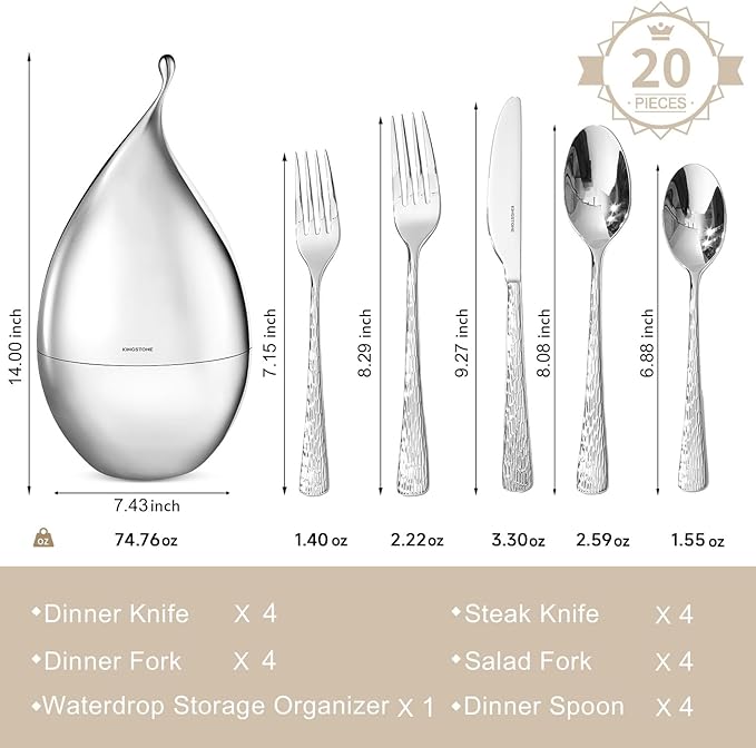 KINGSTONE Silverware Set with Waterdrop Storage Organizer 20-Piece Flatware Cutlery Set in Gift Box Forged Premium Stainless Steel Mirror Polished Service for 4 Ideal for Kitchen Party Gift