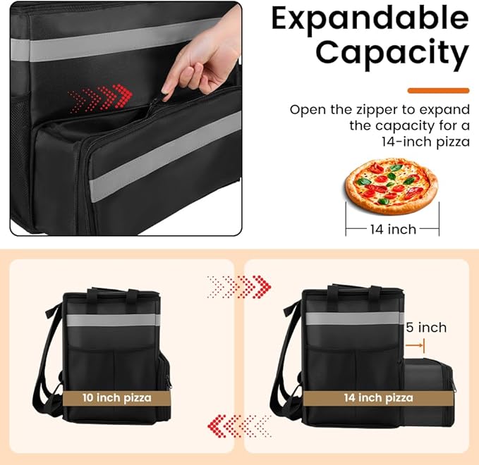 Food Delivery BagLarge Insulated Backpack for Doordash/Uber Eeats Expandable Cooler Bags for Bike/Motorcycle with Reflective Strip and Cup HoldersReusable Pizza Food Delivery Bag with Hand Straps