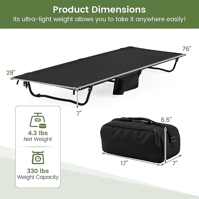 Goplus Folding Camping Cot 76 x 28 Ultralight Portable Sleeping Cot w/Carrying Bag &amp Side Pocket Heavy Duty Outdoor Camping Bed for Adults Travel Hiking Lightweight Backpacking Supports 330