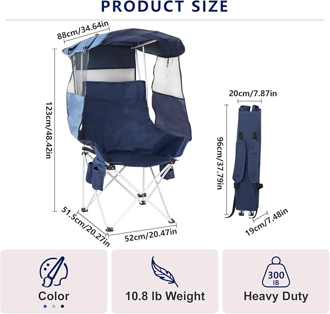 Folding Camping Chairs Canopy Outdoor: Sports Portable Beach Chair with Canopy-Lawn Beach Chairs with Umbrella for Adults-Camping Chair with Shade for Fishing Camp Heavy Duty (Regular Navy Blue)