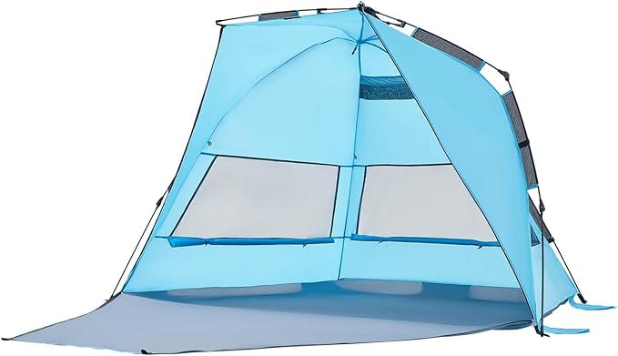 VEVOR Beach Tent Sun Shelter for 4 Person Pop Up Beach Tent UPF 50+ Portable Sun Shade Beach with Carrying Bag and Sand Pockets Easy Setup Umbrella for Camping Fishing Outdoor Picnic