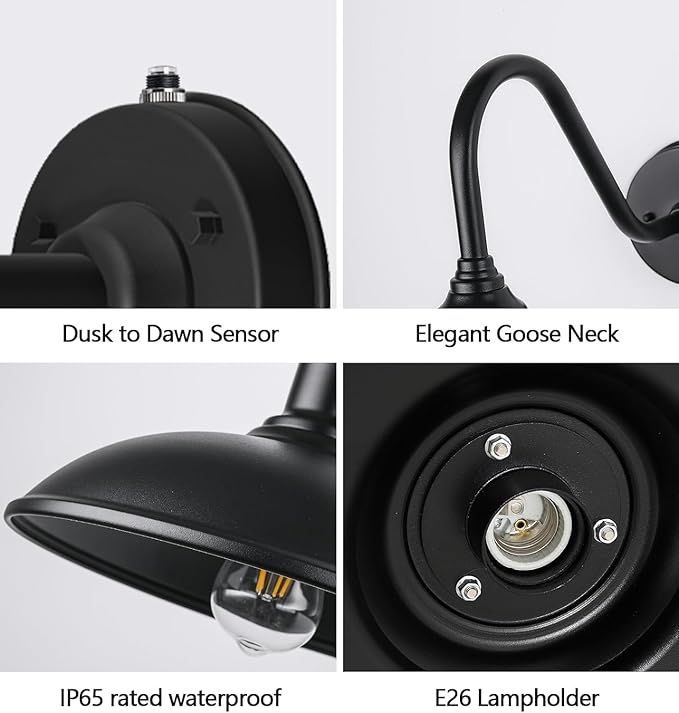 21 Inch Large Dusk to Dawn Outdoor Barn Light Farmhouse Gooseneck Exterior Light Fixture Wall Mount Vintage Black Outdoor Barn Light FixturesGooseneck Light Fixtures for Garage