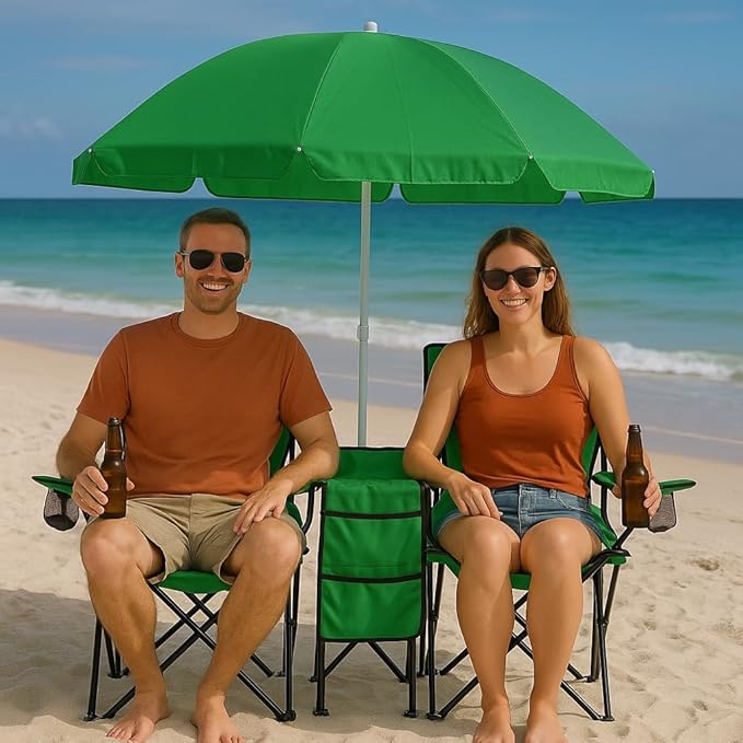 GoTEAM! Portable 2-Seat Folding Camp Chair with Cooler Umbrella &amp Cup Holders – Outdoor Picnic Beach or Tailgate Seating – Carry Case Included
