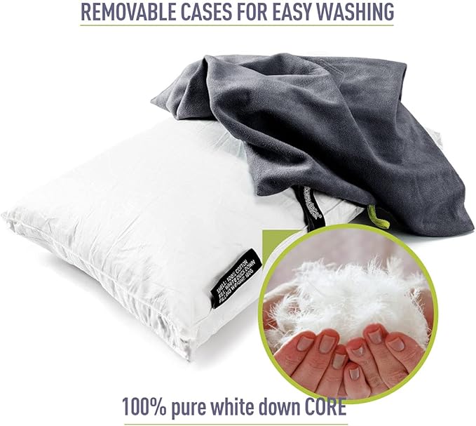 ZOOOBELIVES Down Filled Camping Pillow for Travel Washable Soft Cover Small Camp Cushion for Neck &amp Lumbar Support On-The-Go Ultralight &amp Compressible for Hiking Backpacking - AlpliveS2046