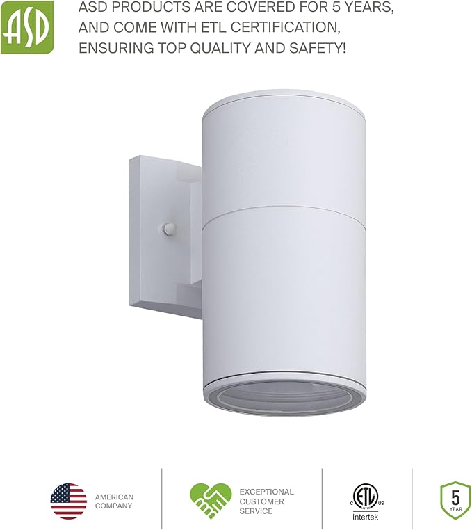 ASD 1 Light Outdoor Wall Light Fixture | 60W E26 Bulb Socket 120V ETL Cylinder Up Down Lights | LED/CFL/Incandescent Bulb Exterior Wall Sconce | Front Door Porch Patio Lighting | White