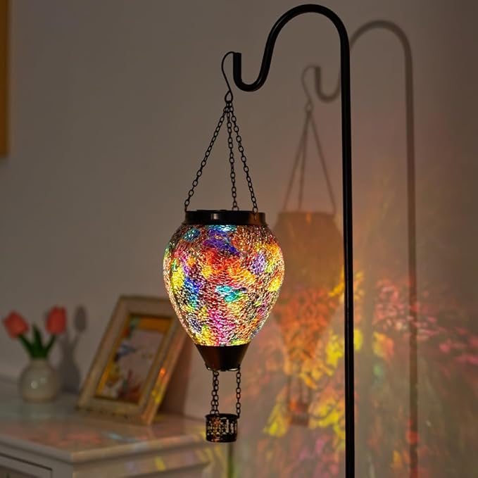 Mosica Hot Air Balloon Solar Lantern with Flame Glass Hanging Solars Lanterns Outdoor Waterproof Decorative Solar Light for Garden Yard Patio Decor