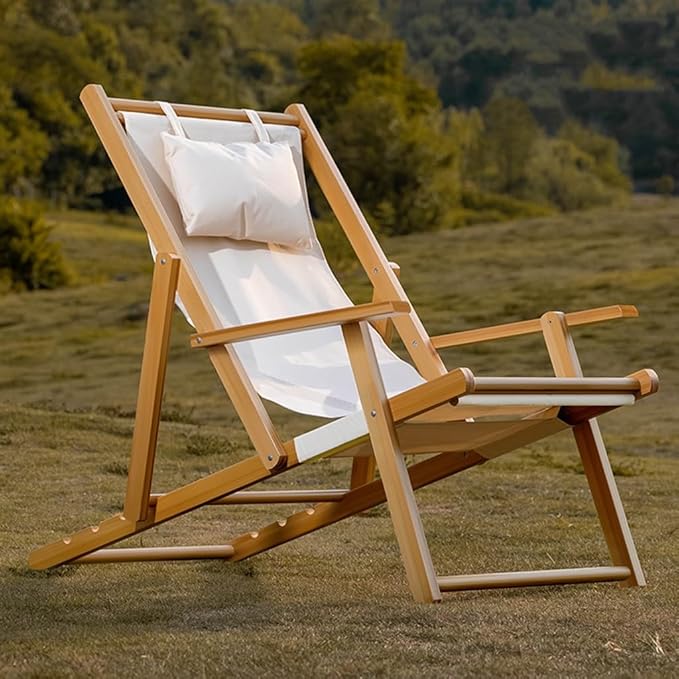 MOOTEK Wood Portable Reclining Beach Chair 4 Level Height Adjustable Reclining Chairs with Wood Frames and Cushioned Headrest for Indoor Outdoor Garden Backyard Poolside