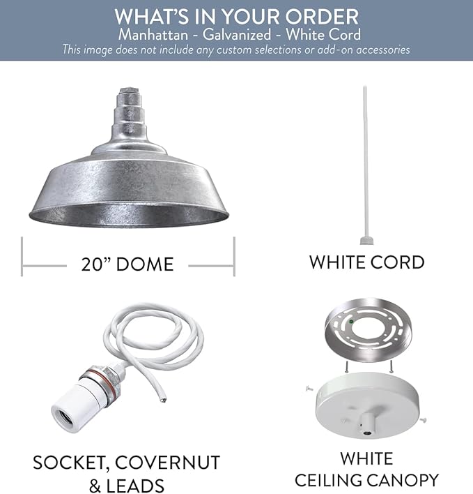 Steel Lighting Co. Manhattan Warehouse Light | Ceiling Mounted Pendant | 20 inch Dome | White Cord | Large Steel Barn Light Made in America | Galvanized Exterior/Galvanized Interior