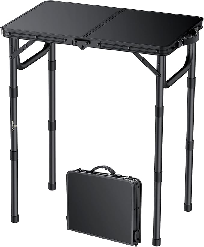 FUNYKICH 2ft Small Folding Camping Table(22.8'' Lx15.7'' W) 3 Height Adjustable Portable Picnic Table Lightweight Aluminum Outdoor Table with Carry Handle for Camping BBQ Beach Picnic Black