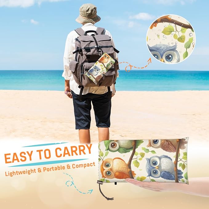 Waterproof Sandproof Beach Blanket 59''×68'' Funny Owls Polyester Outdoor Picnic Blanket with 4 Stakes &amp Storage Bag for BeachCampingVacation Multi-Color