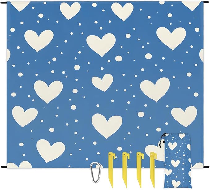 Waterproof Sandproof Beach Blanket 59''×68'' White Polka Dot Heart Polyester Outdoor Picnic Blanket with 4 Stakes &amp Storage Bag for BeachCampingVacation