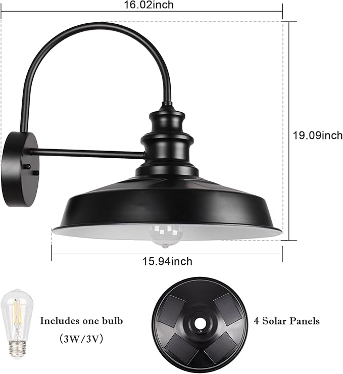 Solar Barn Light Outdoor 16 Inch Farmhouse Dusk to Dawn Sensor Wall Sconce Large Rustic Solar Powered Exterior Light Fixture for Porch Garage Patio ROS-SR028
