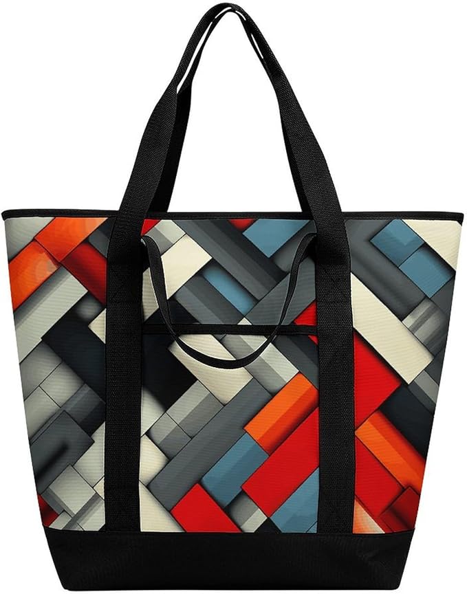 Insulated Shopping BagLarge Reusable Cooler Bags Diagonal Geometric Printed Foldable Shopping BagTravel Waterproof Shoulder Bag