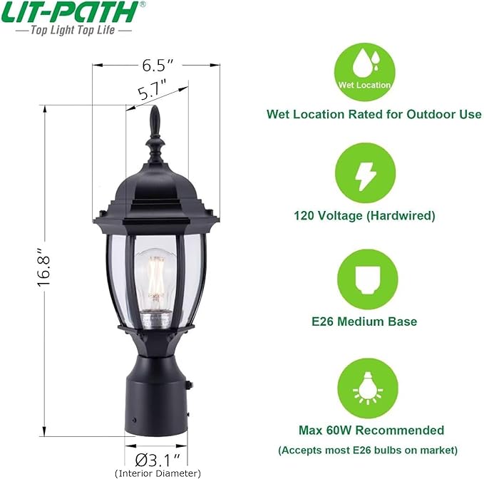 LIT-PaTH Dusk to Dawn Outdoor Post Lighting Fixture Pole Lantern E26 Medium Base Max 60W Aluminum Housing Plus Glass Bulb Not Included (Black 2-Pack)