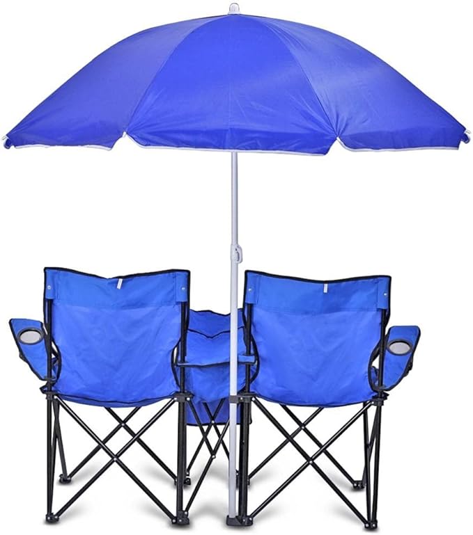 GoTEAM! Portable 2-Seat Folding Camp Chair with Cooler Umbrella &amp Cup Holders – Outdoor Picnic Beach or Tailgate Seating – Carry Case Included
