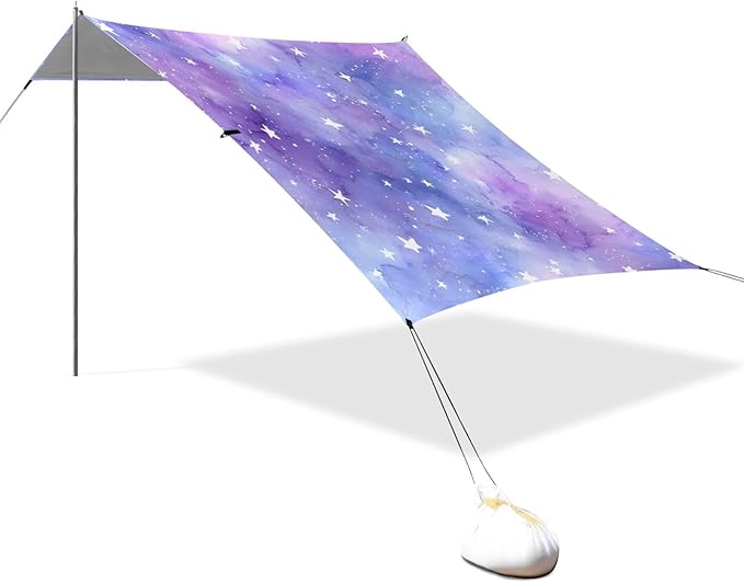 Bolaz Beach Canopy Tent Sun Shade9'×10.5' Large Family Beach Shade UPF50+- Outdoor Shade for Camping Trips FishingBlue Purple Watercolor Stars Pattern
