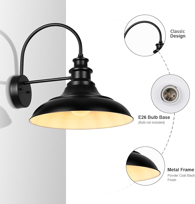 Outdoor Barn Light Fixture 16 Inch Large Dome Farmhouse Exterior Wall Mount Light Rustic Wall Sconce Indoor Wall Lighting Fixture Industrial Black White Lantern for Porch 1 Pack