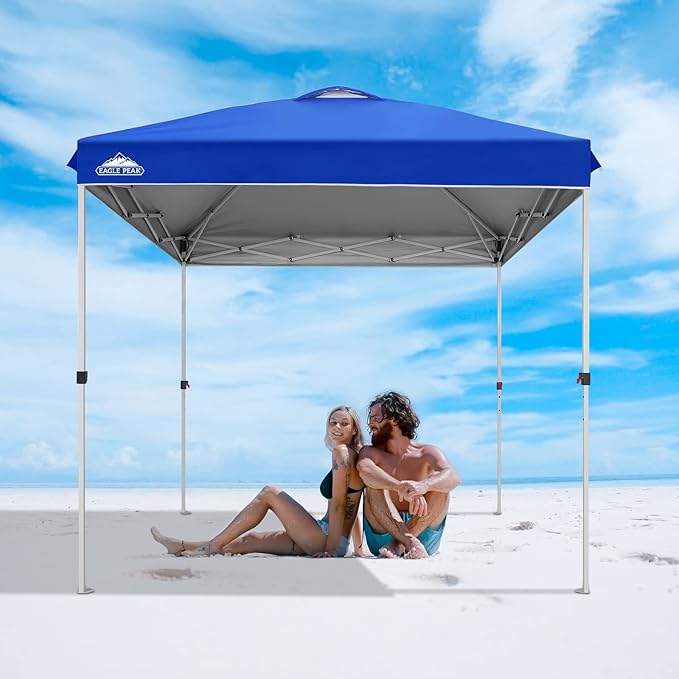 EAGLE PEAK Pop Up Canopy Tent with Wheeled Carry Bag 8 Stakes 4 Ropes Easy Set Up Tent Canopy 8x8 ft Blue