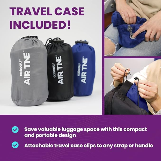 Cabeau Inflatable Travel Pillow – Air TNE – Adjustable Lightweight and Supportive for Sleeping on Airplanes Trains and Cars– Customized Fit and Compact Carrying Case (Midnight Black)