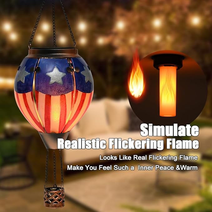 Hot Air Balloon Solar Lantern - U.S Flag Patriotic Glass Lantern Simulated Flickering &amp Dancing Flame Outdoor Hanging Yard Light Waterproof IP65 Ideal 4th of July Gift for Patriot Patio Decor