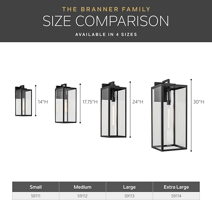 Kichler Branner 1-Light Textured Black Luxe Updated Traditional Outdoor Wall Light with Clear Glass for Outdoor Walls Exterior Doors Garage Porch or Patio Walls 17.75