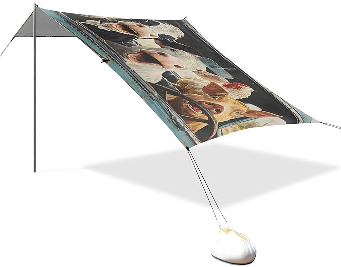 ALAZA Cow Pig Chicken Driving Funny Animals Beach Tent Sun Shelter UPF50+ Protection Beach Shade Canopy w/ 4 Sandbags for Outdoor Camping Fishing Backyard Fun Picnic 10x9 ft