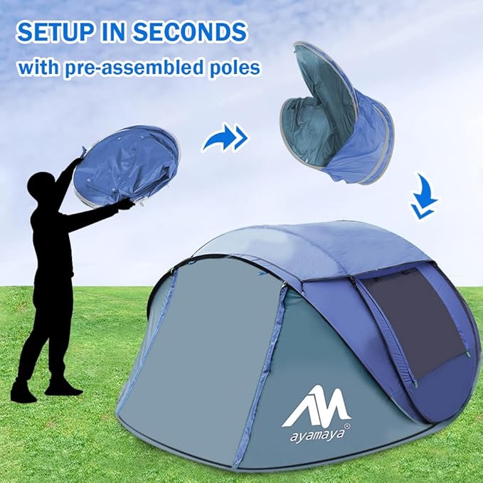 4 Person Pop Up Tents for Camping - AYAMAYA Waterproof Instant Family Tents with Skylight &amp Removable Rainfly Upgraded Large Size with 2 Doors -Automatic Easy Setup Beach Tent with Poles