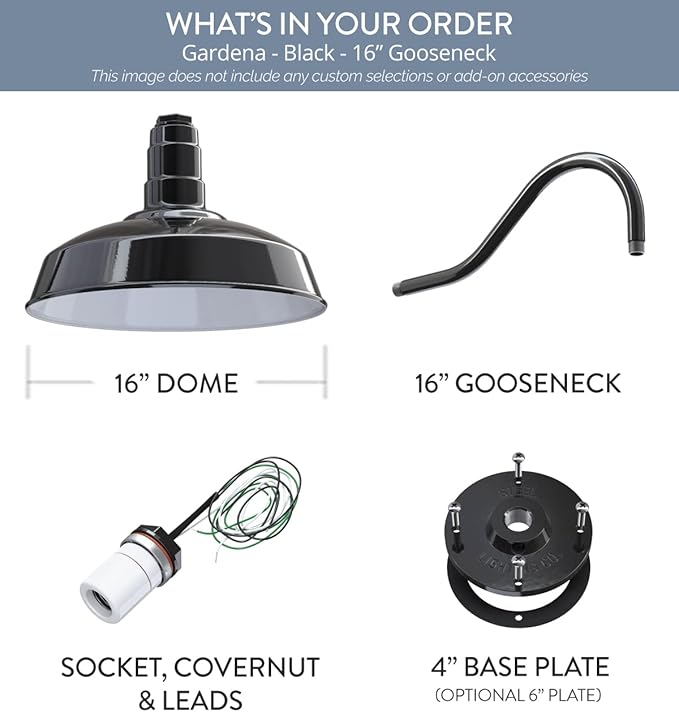 Steel Lighting Co. | Dusk to Dawn | Gardena Barn Light | Outdoor Wall Mounted | 16 Dome | 16 Gooseneck | Farmhouse Light Made in America | Black Exterior/White Interior