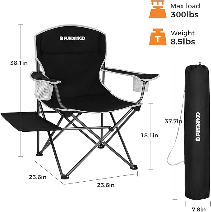 FUNDANGO Folding Padded Camping Chair Portable Outdoor Full Back Lawn Arm Chair with Side Table Cup Holder Side Pocket for Garden Picnic BBQ with Carry Bag Support 300LBS