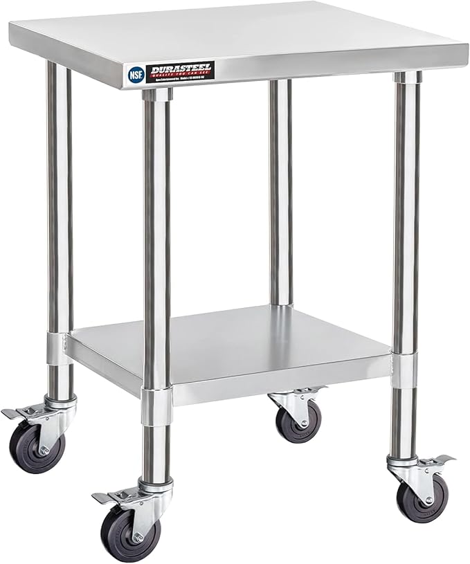 DuraSteel 30x18 NSF Stainless Steel Cart Work Table - Heavy Duty Rolling Food Prep Table - Metal Utility Cart on Wheels Caster Grill Stand Microwave Outdoor Kitchen Tables Countertop Island Large Top