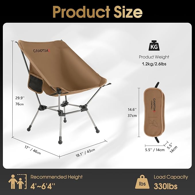 Portable Camping Chair Plus Larger &amp Roomier Compact and Lightweight Folding Chair for Backpacking &amp Hiking 330Lbs Capacity Khaki