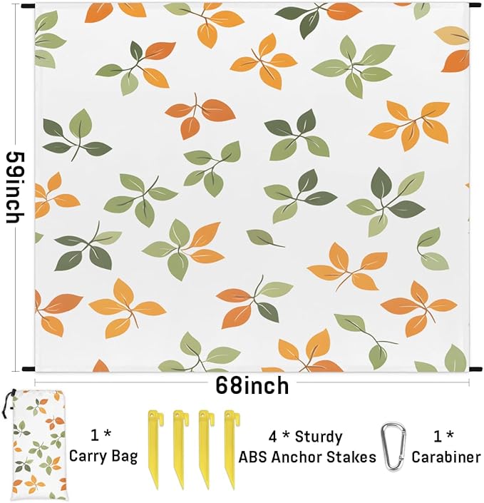 Waterproof Sandproof Beach Blanket 59''×68'' Creative Colored Leaves Polyester Outdoor Picnic Blanket with 4 Stakes &amp Storage Bag for BeachCampingVacation