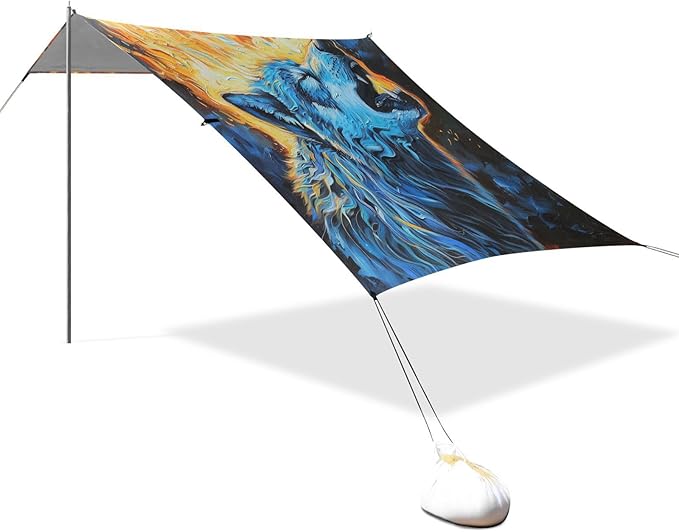 ALAZA Howling Wolf Fire Painting Beach Tent Sun Shelter UPF50+ Protection Beach Shade Canopy w/ 4 Sandbags for Outdoor Camping Fishing Backyard Fun Picnic 10x9 ft