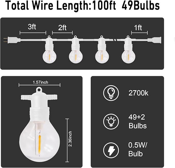HISTAR 100FT White Outdoor String Lights with 49+2 Led Bulbs G40 Globe Patio Lights for Backyard Porch Balcony Party Decor