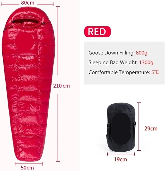 Sleeping Bag White Goose Down Sleeping Bag Camping Filled Men Warm for Travel Hiking for Adult(Red 800g)