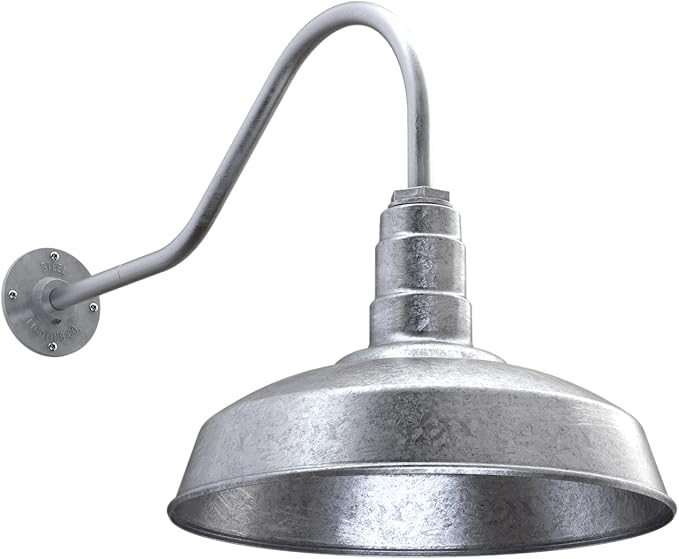 Steel Lighting Co. | Dusk to Dawn | Gardena Barn Light | Outdoor Wall Mounted | 16 Dome | 23 Gooseneck | Farmhouse Light Made in America | Galvanized Exterior/Galvanized Interior