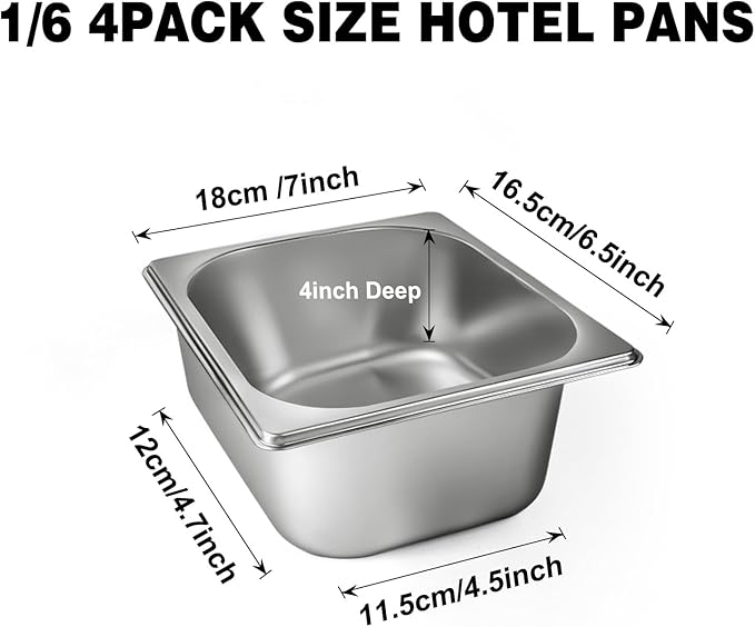 West Bay 4 Pack 1/6 Size Hotel Pan with Lids 4'' Deep Steam Table Pan with Lid 7''L x 6.5''W Stainless Steel Pans for Home Party Hotel Buffet
