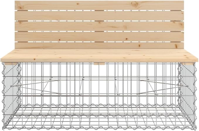 vidaXL Solid Pine Wood Patio Bench with Galvanised Steel Gabion Base Farmhouse Style Garden and Outdoor Seating 40.6x27.6x25.6 Brown 834374