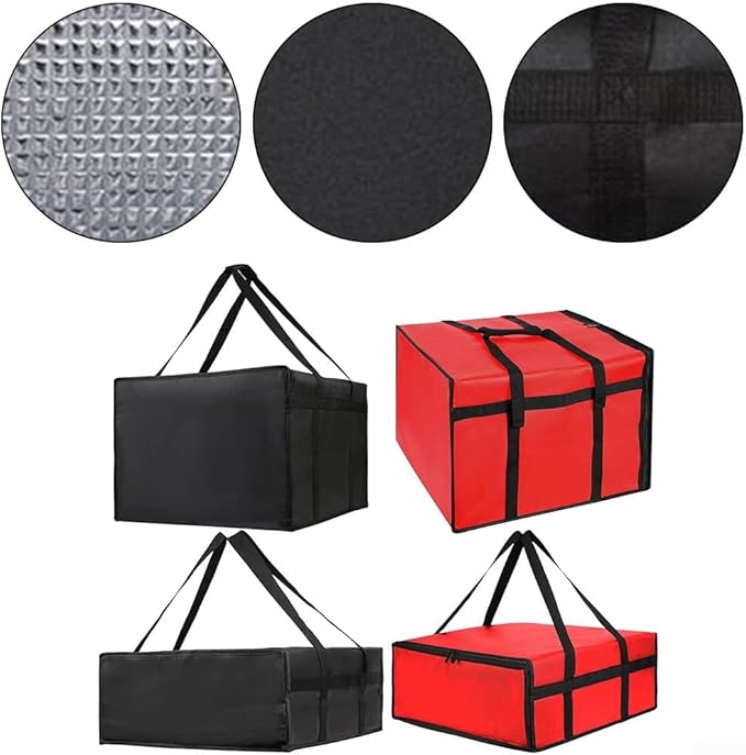 Insulated Pizza Delivery Bag Large Capacity Non-Woven Fabric Thick Foam Padding Heat Retention Water-Resistant Transparent Order Pocket Wristband Opening(Black 50 * 20.5CM)