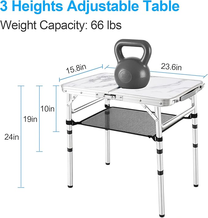 Small Folding Camping Table 2ft Portable Table with 3 Adjustable Heights Aluminum Lightweight Foldable Picnic Table with Mesh Layer and Extension Legs for RV BBQ and Indoor