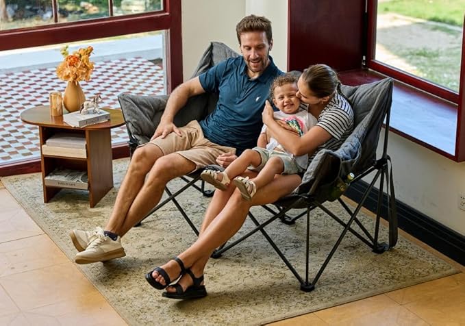 EVER ADVANCED Extra Large Double Camping Chair for Adults Family Size Padded Folding Camping Love Seat Bench with Side Pocket Portable Camping Couch Two Person Heavy Duty Folding Outdoor Chair