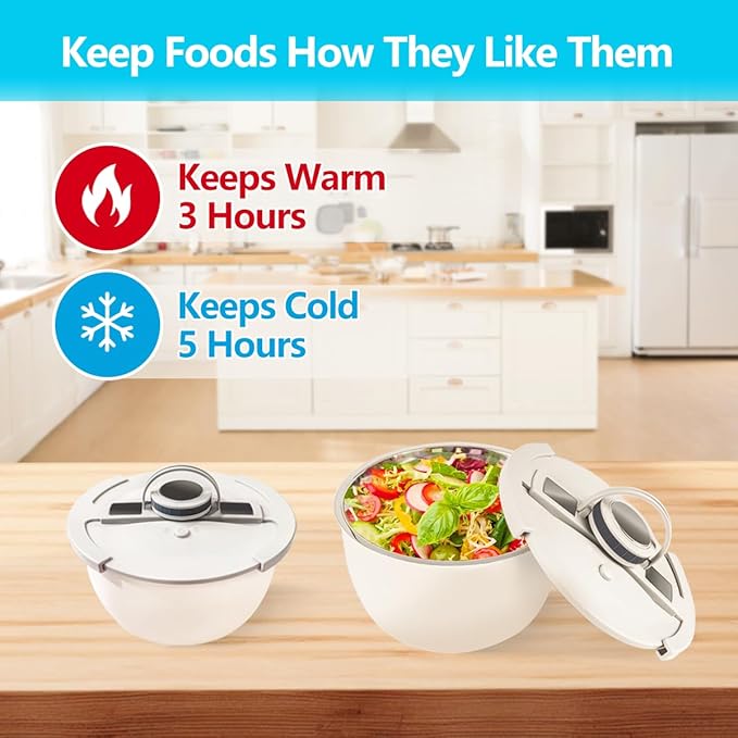 Double-Walled Stainless Steel Insulated Serving Bowl with Leak - Proof Lid - Insulated Casserole Dish - Keeps Food Warm and Cold for Hours - Perfect for Holidays Parties Camping - (5QT White)