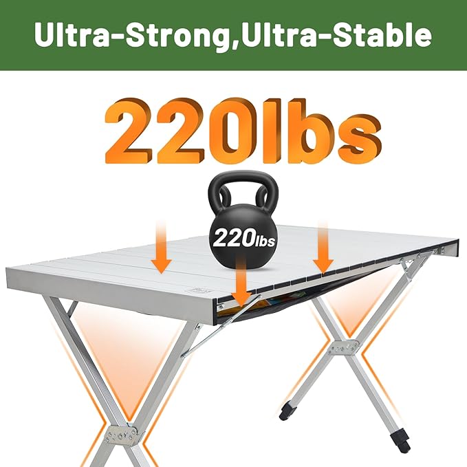 TIMBER RIDGE Folding Camping Table Adjustable Height 4-6 Person Lightweight Aluminum Roll-up Table for Camping Outdoor Picnic BBQ Backyard Party Support 220 lbs Silvery