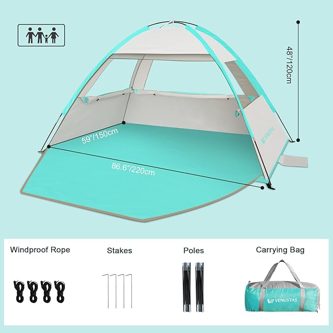 Venustas Beach Tent Sun Shelter for 3/4-5/6-7/8-10 Person UPF 50+ UV Protection Beach Canopy Lightweight and Easy Setup Cabana Portable Shade Tent