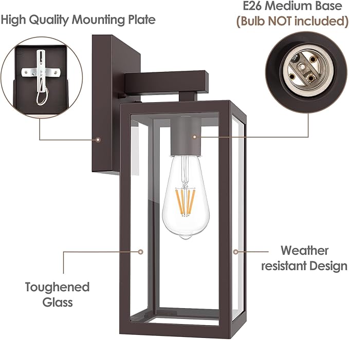 MAXvolador Outdoor Wall Sconce Exterior Waterproof Wall Lantern Light Fixture Dark Chocolate Porch Light Glass Anti-Rust E26 Patio Lighting 2 Pack