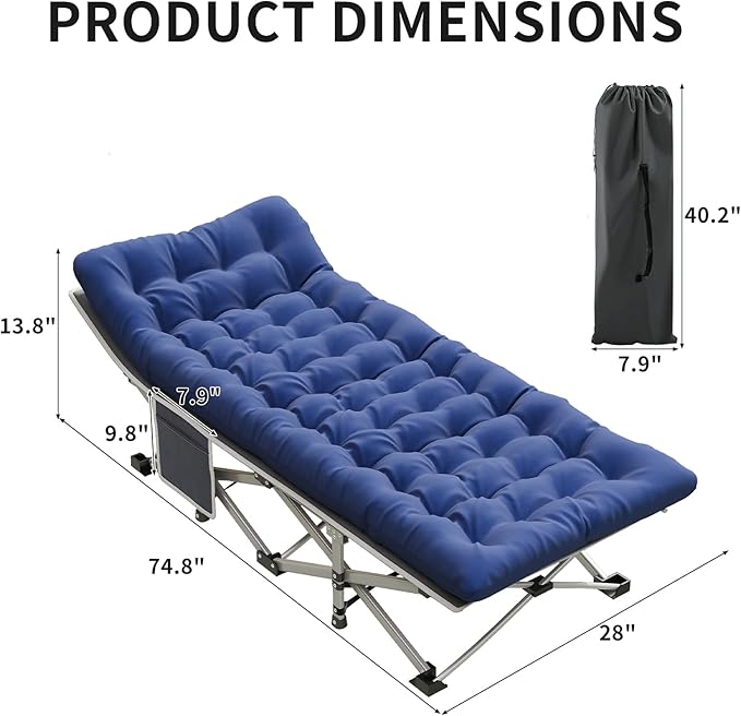 Blue Camping Cot with 2.9 Thick Mattress - Heavy Duty 600 LBS Folding Bed 75x28 Portable Guest Bed Waterproof Oxford Fabric &amp Alloy Frame for Camping RV Home Emergency