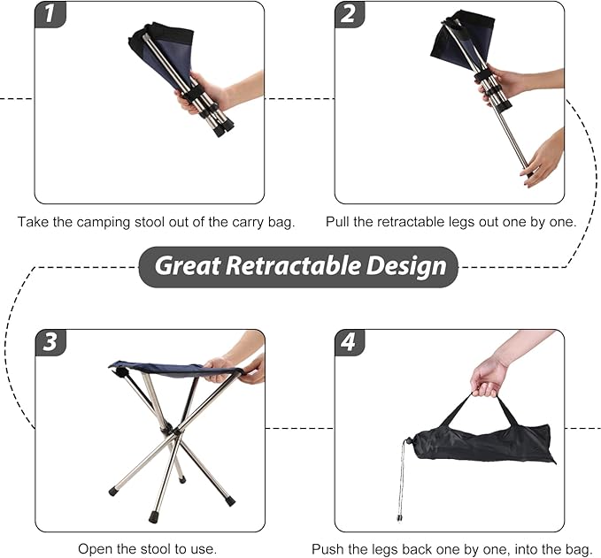 Portable Stool 13.8 Inch High &amp 1.32 lbs Small Folding Chair Telescopic Compact Foldable Stool with Carry Bag for Camping Hiking Outdoor Concert