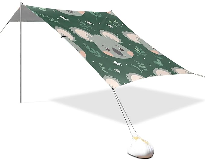 Cartoon Koala Face Camping Sun Shelter Beach Tent Portable Beach Sun Shade Outdoor Canopy for Camping Trips Fishing Picnic